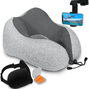 Airplane Neck Pillow Includes Travel Pillow + Airplane Phone Holder Mount + Eye Masks + Earplugs for Travel, 100% Pure Memory Foam Travel Pillow, 5 Pc Travel Kit,