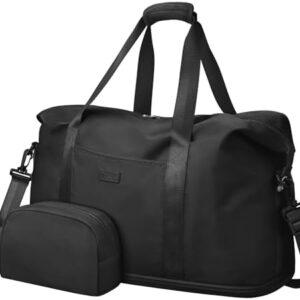 Expandable Travel Duffle Bag, Large Weekender Overnight Bags for Women Men 20.5 Inch Waterproof Carry on Shoulder Tote Bags for Hospital Maternity Mommy Gym with Toiletry Bag Black