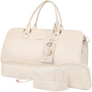 Weekender Bags for Women Travel, 60L Travel Duffle Bag with Shoe Compartment & Wet Pocket,Carry on Tote Bags with USB Charging Port for Airplanes, Hospital, Sports,Gift (Off White)