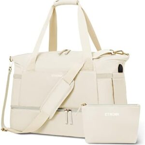 ETRONIK Gym Bag for Women, Travel Duffel Bag with USB Charging Port, Weekender Overnight Bag with Wet Pocket and Shoes Compartment for Women, Travel, Gym, Yoga (Beige)