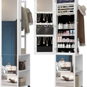 8 LEDs Jewelry Cabinet Armoire, 64.8-inch Jewelry Organizer with Garment Rack, Lockable Full-length Mirror with 4 Wheels, Storage Shelves with Hooks, 5-in-1, White and Black JC17003B