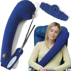 TRAVELREST Ultimate Travel, Neck & Body Pillow - Strap to Plane & Car Seat - Compact, Comfort and Convenient for Office Napping, Airplane, Bus & Train - Upright Sleeping - Rolls Up Small - Blue