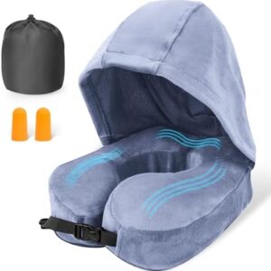 Travel Neck Pillow with Hood - Adult Travel Must Haves Airplane Hoodie Pillow, Premium Quality Memory Foam, Fit for Office, Car Ride, Sleeping. Kit with Earplugs, Luxury Bag(Mist, M)
