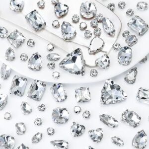 White Sew on Rhinestones 104 PCS Mixed Shapes Glass Sew on Crystals for Crafts Metal Flatback Claw Gemstones for Jewelry Making Costumes Clothes Garment, Crystal Clear