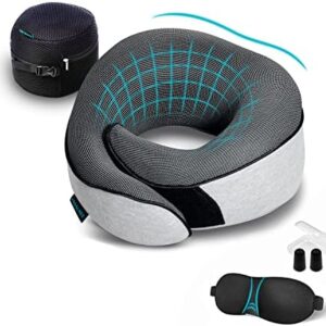 Travel Pillow 100% Pure Memory Foam Neck Pillow, Pillows for Sleeping, Car and Airplane Travel Essentials, Travel Kit with 3D Contoured Eye Masks, Earplugs and Luxury Mesh Bag (Grey)