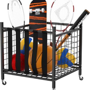 WALMANN Garage Sports Equipment Organizer, Ball Storage Rack Indoor/Outdoor Rolling Ball Cart with Baskets and Wheels